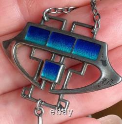 ART NOUVEAU Silver and Enamel Pendant Necklace with Turquoise 45cm 8cm Drop