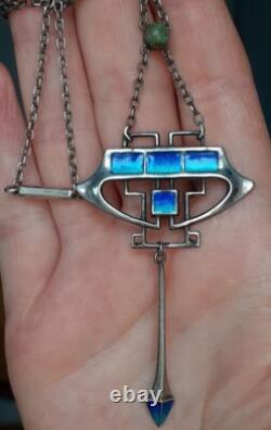 ART NOUVEAU Silver and Enamel Pendant Necklace with Turquoise 45cm 8cm Drop