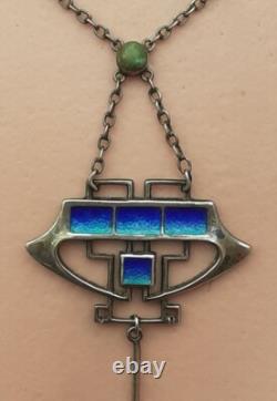 ART NOUVEAU Silver and Enamel Pendant Necklace with Turquoise 45cm 8cm Drop