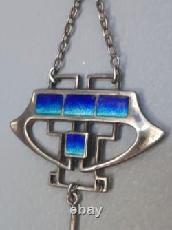 ART NOUVEAU Silver and Enamel Pendant Necklace with Turquoise 45cm 8cm Drop