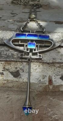 ART NOUVEAU Silver and Enamel Pendant Necklace with Turquoise 45cm 8cm Drop