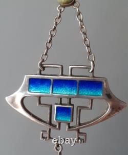 ART NOUVEAU Silver and Enamel Pendant Necklace with Turquoise 45cm 8cm Drop