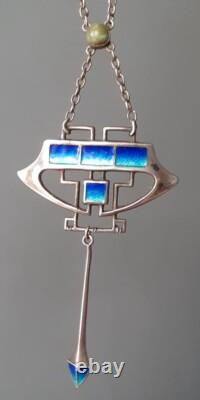 ART NOUVEAU Silver and Enamel Pendant Necklace with Turquoise 45cm 8cm Drop