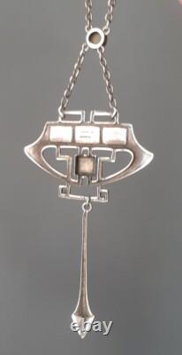 ART NOUVEAU Silver and Enamel Pendant Necklace with Turquoise 45cm 8cm Drop