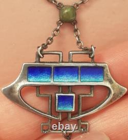 ART NOUVEAU Silver and Enamel Pendant Necklace with Turquoise 45cm 8cm Drop