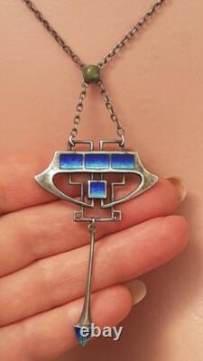 ART NOUVEAU Silver and Enamel Pendant Necklace with Turquoise 45cm 8cm Drop