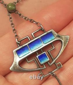 ART NOUVEAU Silver and Enamel Pendant Necklace with Turquoise 45cm 8cm Drop