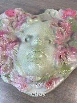 ART NOUVEAU Stoneware Pottery LADIES HEAD FACE Green Pink Mother Nature