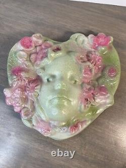 ART NOUVEAU Stoneware Pottery LADIES HEAD FACE Unique and Stunning Green Pink