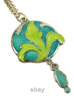 ART NOUVEAU Style SILVER & ENAMEL GREEN LEAF Design Pendant Necklace