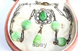 ATQ ART NOUVEAU Fish Monster Green Agate Sterling Silver Necklace FNC