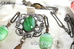 ATQ ART NOUVEAU Fish Monster Green Agate Sterling Silver Necklace FNC