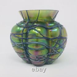 ATQ LOETZ Threaded Spider Iridescent Art Glass VASE Bohemian Art Nouveau Melon
