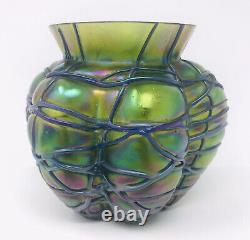 ATQ LOETZ Threaded Spider Iridescent Art Glass VASE Bohemian Art Nouveau Melon