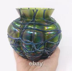 ATQ LOETZ Threaded Spider Iridescent Art Glass VASE Bohemian Art Nouveau Melon