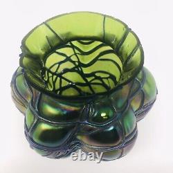 ATQ LOETZ Threaded Spider Iridescent Art Glass VASE Bohemian Art Nouveau Melon