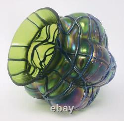 ATQ LOETZ Threaded Spider Iridescent Art Glass VASE Bohemian Art Nouveau Melon