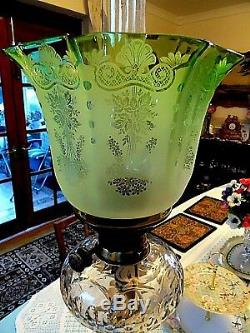 A Beautiful Etch Emerald Green Victorian Twin Duplex Oil Lamp Shade