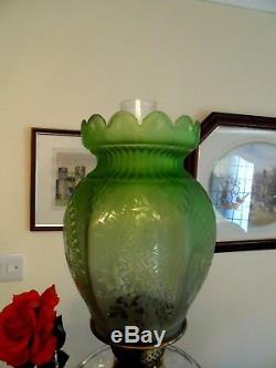 A Beautiful Rare Victorian Green Etch Duplex Oil Lamp Shade