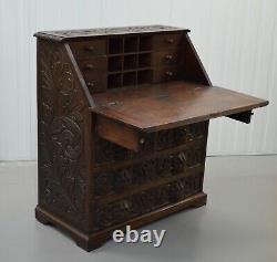 A George III Solid Carved Oak Chest, Green Man Writing Desk Bureau Circa 1880