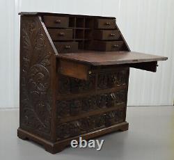 A George III Solid Carved Oak Chest, Green Man Writing Desk Bureau Circa 1880