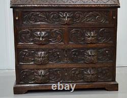 A George III Solid Carved Oak Chest, Green Man Writing Desk Bureau Circa 1880