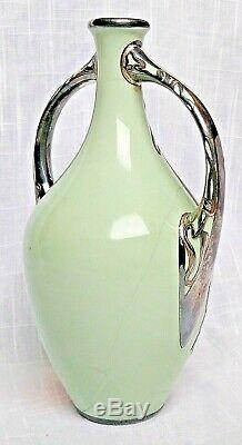 A Green Antique Art Nouveau Porcelain Fairy Vase with Silver Overlay 6 7/8 Tall