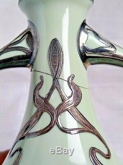 A Green Antique Art Nouveau Porcelain Fairy Vase with Silver Overlay 6 7/8 Tall