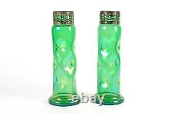 A Pair Of Antique Art Nouveau Green Glass Metal Mounted Glug Vases Green
