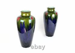 A Pair Of Large French Art Nouveau Blue And Green Flambé Ceramic Vases