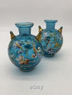 A Pair Of Mont Joye Legras Art Nouveau Hand Painted Enamel Floral Vase