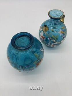 A Pair Of Mont Joye Legras Art Nouveau Hand Painted Enamel Floral Vase