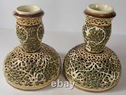 A Pair of Antique Zsolnay Pecs Double Walled Openwork Art Nouveau Vases