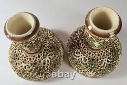 A Pair of Antique Zsolnay Pecs Double Walled Openwork Art Nouveau Vases