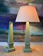 A Pair Of Elegant Obelisk Shape Green Column Hall Bed Side Console Table Lamps