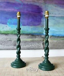 A Pair of Green Barley Twist Candlestick Column Brass Hall Side Table Lamps