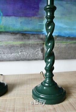 A Pair of Green Barley Twist Candlestick Column Brass Hall Side Table Lamps