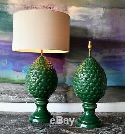 A Pair of Mid 20th Century Green Glazed Artichoke Pottery Side Table Lamps