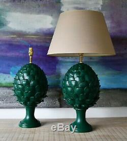 A Pair of Smart Vintage Green Artichoke Brass Bed Side Hall Console Table Lamps