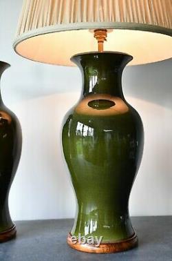 A Pair of Vintage Chinese Olive Green Ceramic Brass Bed Side Table Hall Lamps