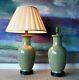A Pair Of Vintage Chinese Olive Green Ceramic Vase Brass Side Table Hall Lamps