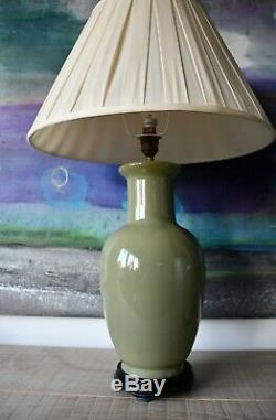 A Pair of Vintage Chinese Olive Green Ceramic Vase Brass Side Table Hall Lamps