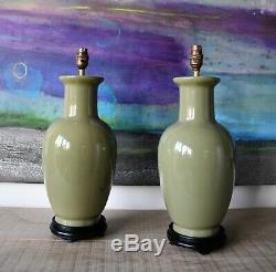 A Pair of Vintage Chinese Olive Green Ceramic Vase Brass Side Table Hall Lamps