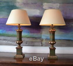 A Pair of Vintage Italian Green Gilt Brass Wood Urn Hall Bed Side Table Lamps
