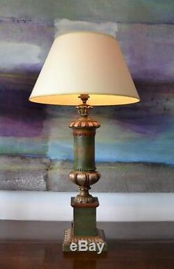 A Pair of Vintage Italian Green Gilt Brass Wood Urn Hall Bed Side Table Lamps