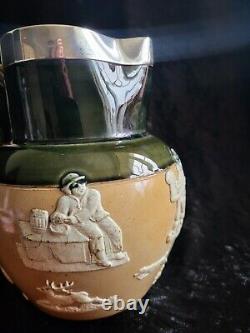 A Rare Antique Doulton Lambeth Stoneware Silver Rim Beer/Water Jug 9429 Green