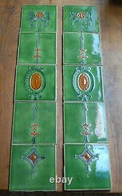 A SET OF 10 BEAUTIFUL RECLAIMED ORIGINAL ART NOUVEAU GREEN FIRE TILES Ref M1540