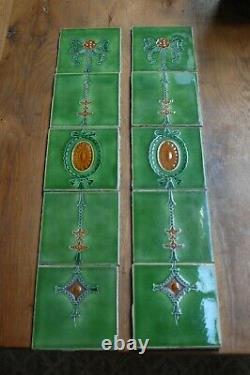 A SET OF 10 BEAUTIFUL RECLAIMED ORIGINAL ART NOUVEAU GREEN FIRE TILES Ref M1540