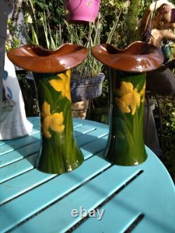 A Stunning Pair of Floral Handpainted Art Nouveau Jack in the Pulpit Vases