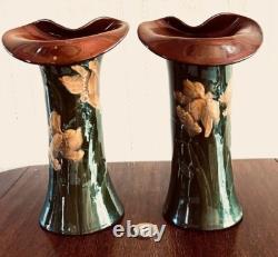 A Stunning Pair of Floral Handpainted Art Nouveau Jack in the Pulpit Vases